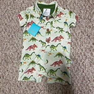 Posh Peanut Dinosaur Print Kids One Piece - Cream and Multicolor